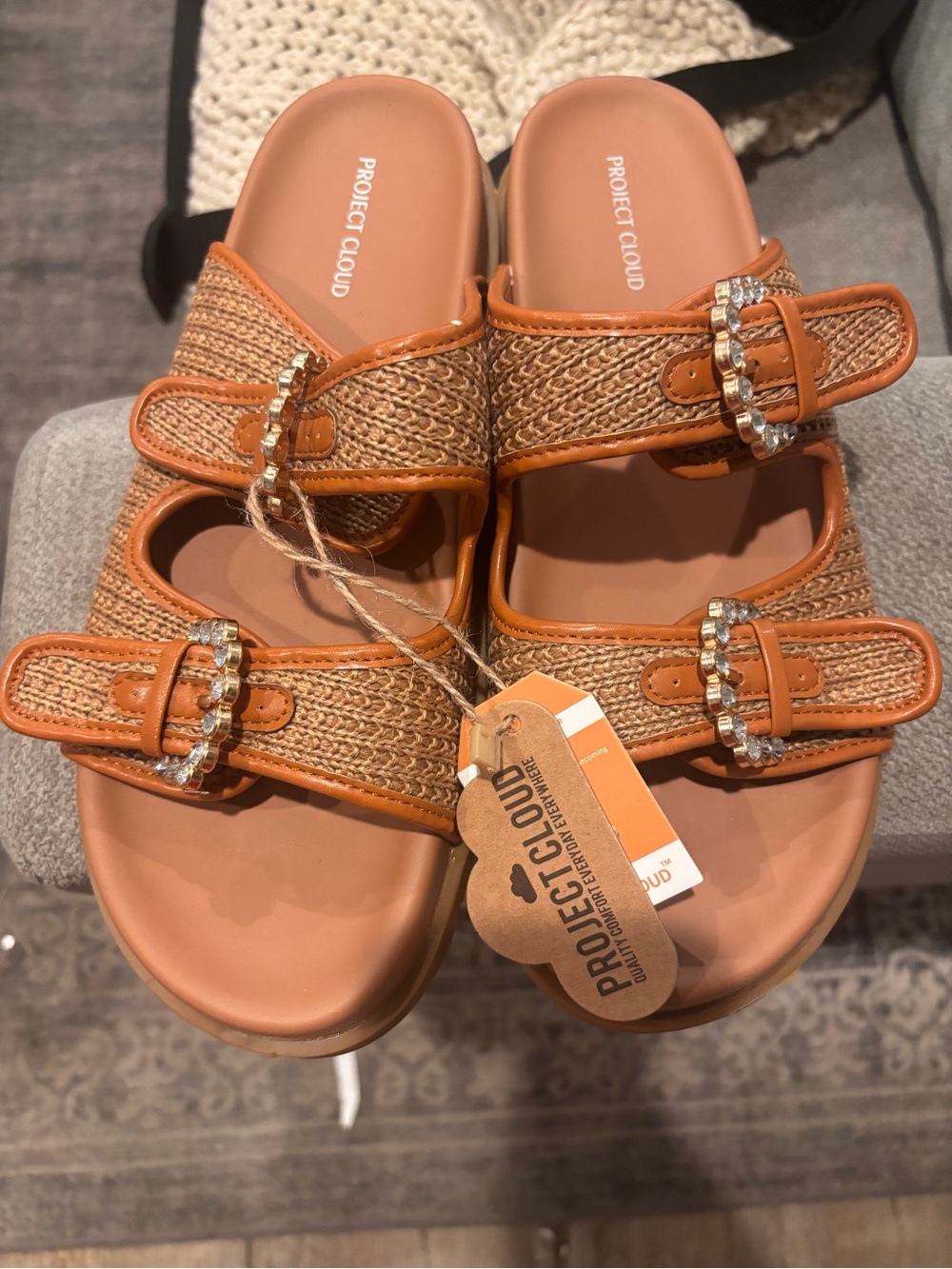 Women’s Woven Tan Buckle Slide Sandals